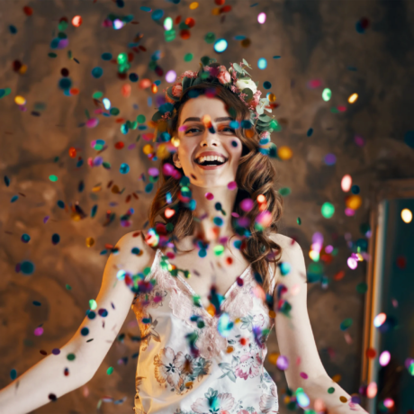 Una donna sorridente circondata da coriandoli colorati, indossa una corona di fiori e un abito floreale.