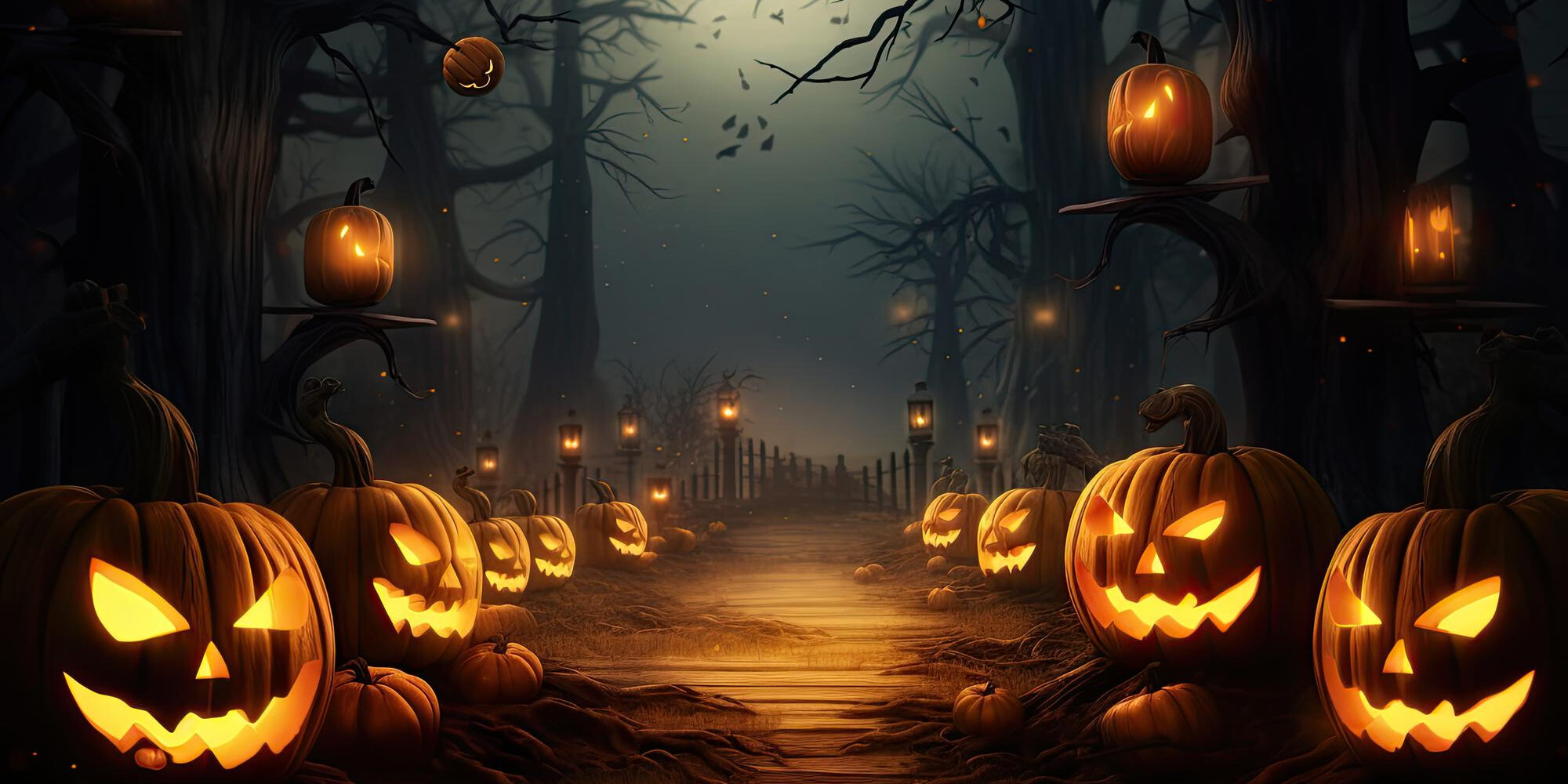 Sentiero in foresta buia illuminato da lanterne e zucche intagliate con volti spaventosi. Atmosfera di Halloween.
