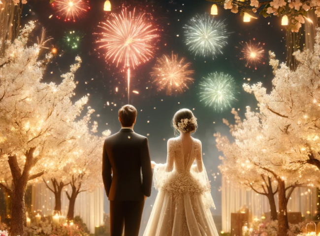 i 5 migliori fuochi d’artificio da matrimonio Pyrogiochi Una coppia in abiti eleganti osserva fuochi d'artificio sotto alberi fioriti, creando un'atmosfera romantica.