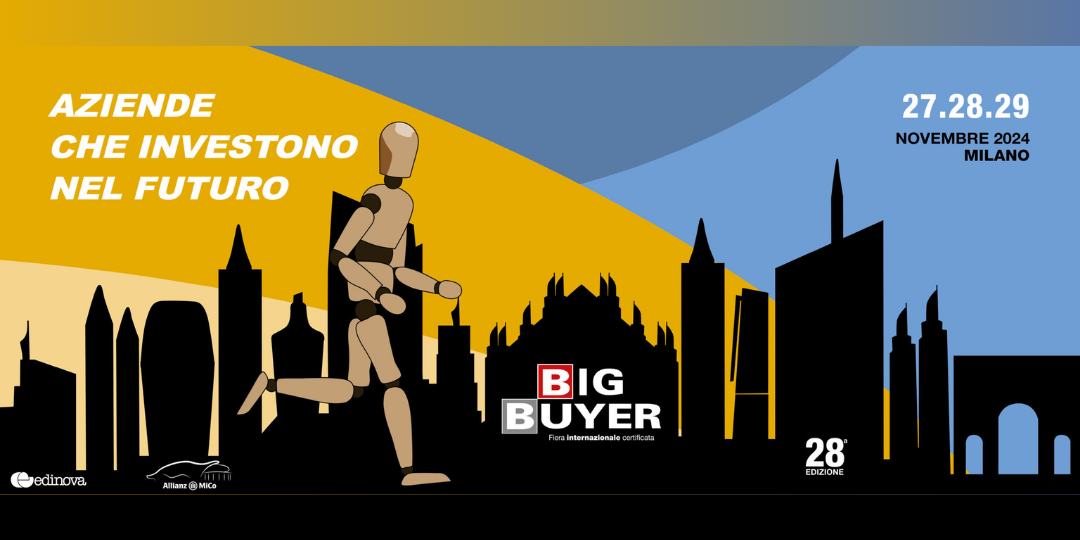 Manichino che corre davanti a uno skyline cittadino, evento Big Buyer a Milano novembre 2024.