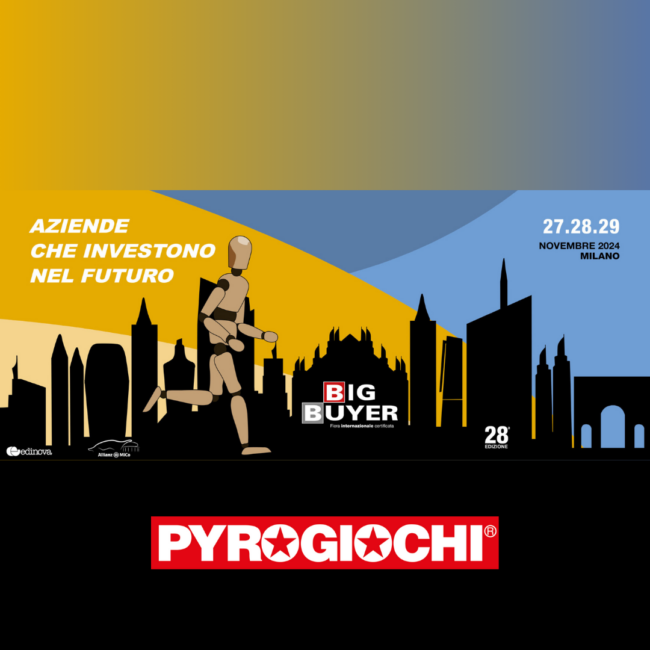 BIGBUYER Manichino che corre davanti a uno skyline cittadino, evento Big Buyer a Milano novembre 2024.