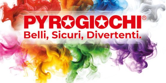 Screenshot 2025-01-08 174456 Logo Pyrogiochi con testo Belli, Sicuri, Divertenti su sfondo di fumi colorati e anno 2025 in rosso in basso.