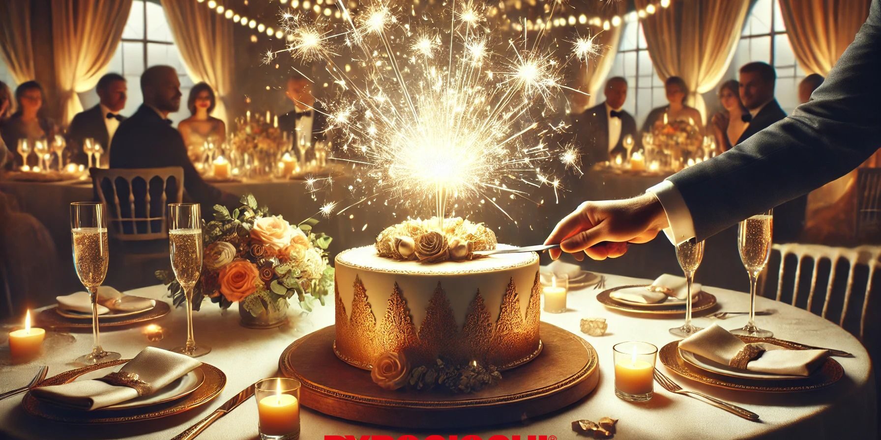 Pyrogiochi Cut the Cake Una persona taglia una torta decorata con scintille a una festa elegante, circondata da invitati e candele.
