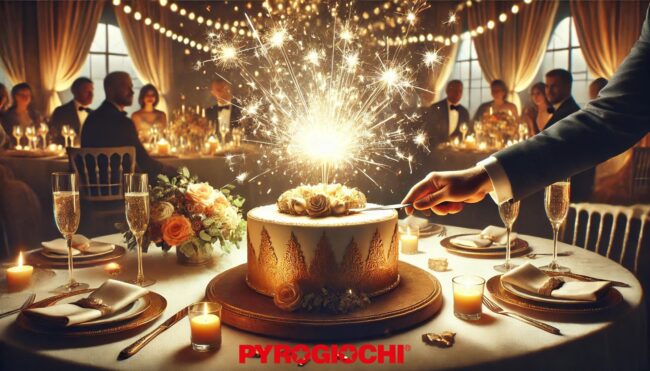 Pyrogiochi Cut the Cake Una persona taglia una torta decorata con scintille a una festa elegante, circondata da invitati e candele.