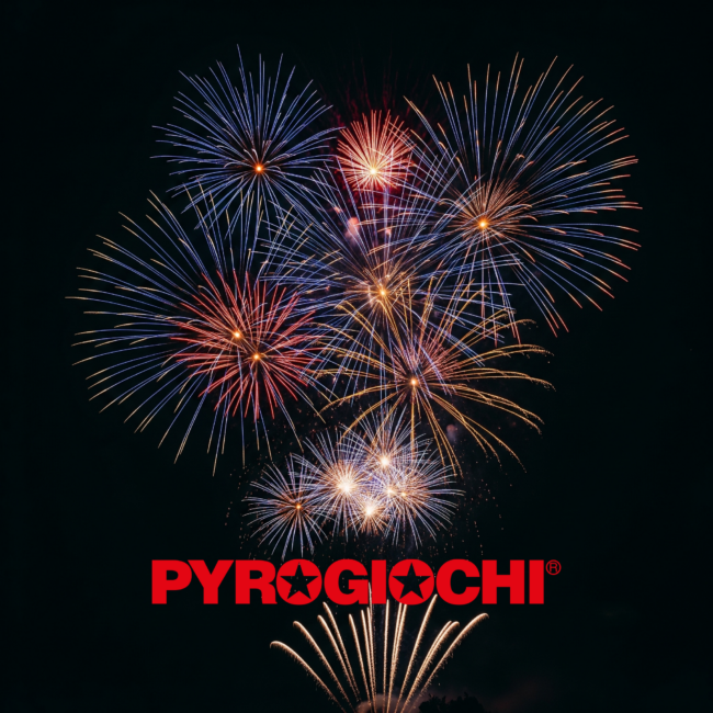 Pyrogiochi Compound Infinito Spettacolari fuochi d'artificio colorati scoppiano nel cielo notturno sopra il logo Pyrogiochi.