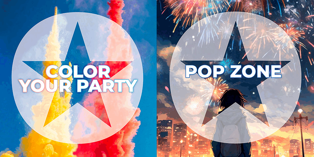 pop Colori vivaci e fuochi d'artificio con scritte Color Your Party e Pop Zone, una persona osserva lo spettacolo.