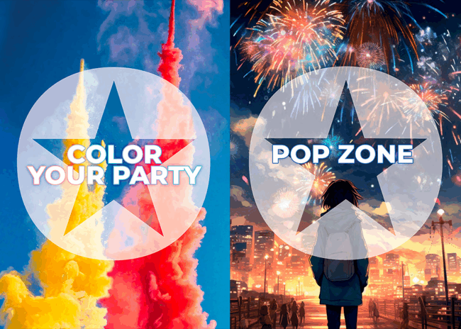 pop Colori vivaci e fuochi d'artificio con scritte Color Your Party e Pop Zone, una persona osserva lo spettacolo.
