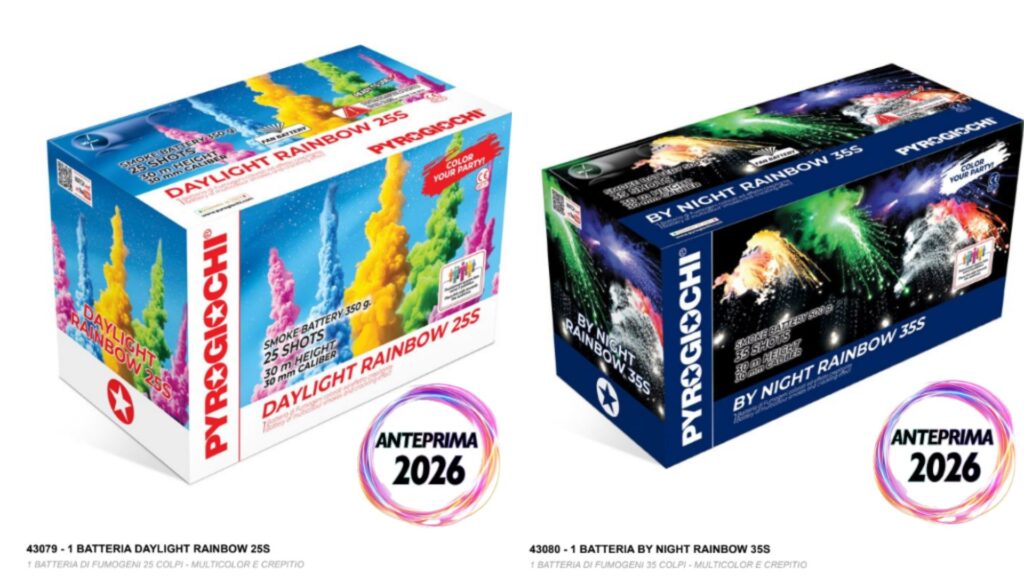 Confezioni colorate di articoli pirotecnici Pyrogiochi. Daylight Rainbow e By Night Rainbow. Anteprima 2026.