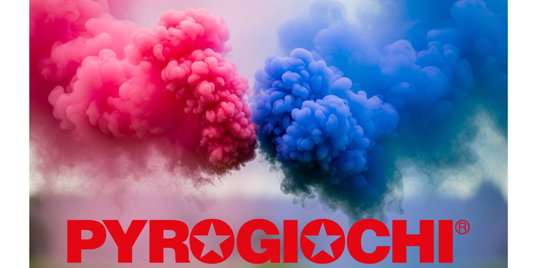 Fumo colorato rosa e blu che si mescola in cielo, con logo PyroGiochi in rosso in primo piano.