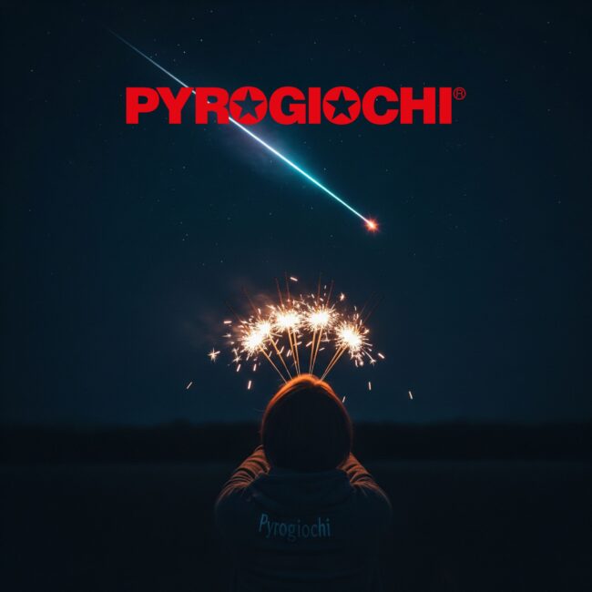 Pyrogiochi Stelle Series 2025 Ferragosto San Lorenzo Una persona tiene stelline con fuochi d'artificio sotto un cielo notturno, logo Pyrogiochi in alto.