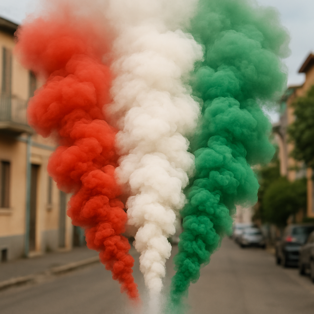Fumo tricolore rosso, bianco e verde si alza su una strada cittadina, simbolo dell'Italia.