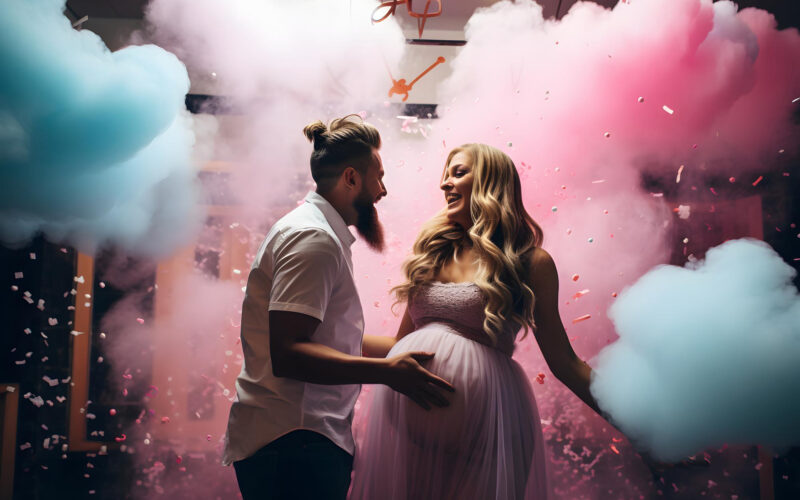 Una coppia sorride in una stanza piena di fumo colorato, circondata da coriandoli rosa e blu.