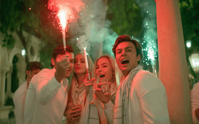 Gruppo di persone festeggia di sera all’aperto, con luci colorate e drink in mano, vestite di bianco.