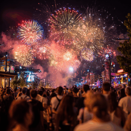 Una folla di persone ammira spettacolo di fuochi d'artificio notturno in una vivace città.