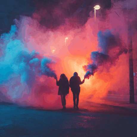 Due persone camminano in strada con fumogeni colorati che illuminano la scena di notte.