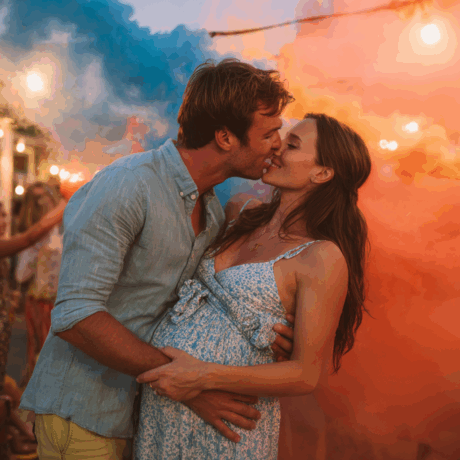 Una coppia si bacia con sfondo di fumo colorato e luci a lampadina sullo sfondo.