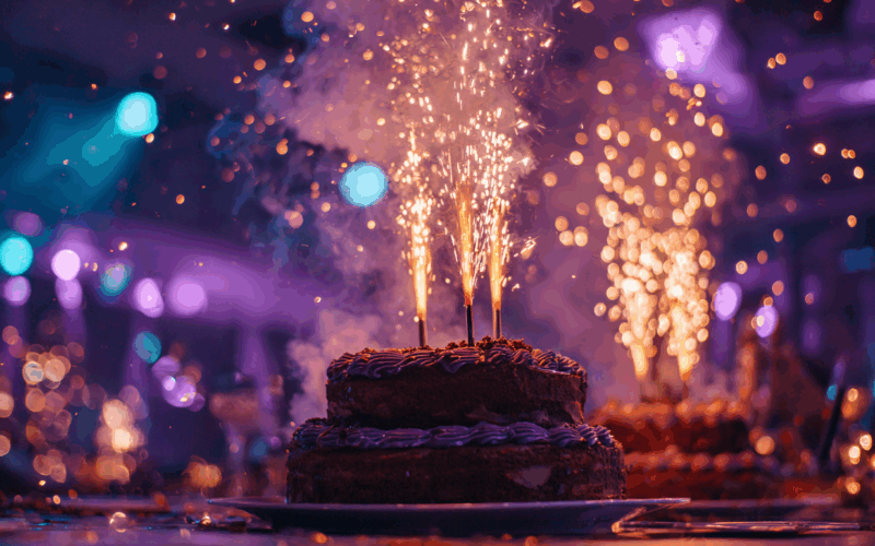 Torta con fontane di scintille illuminate su sfondo sfocato, creando un'atmosfera festiva e magica.