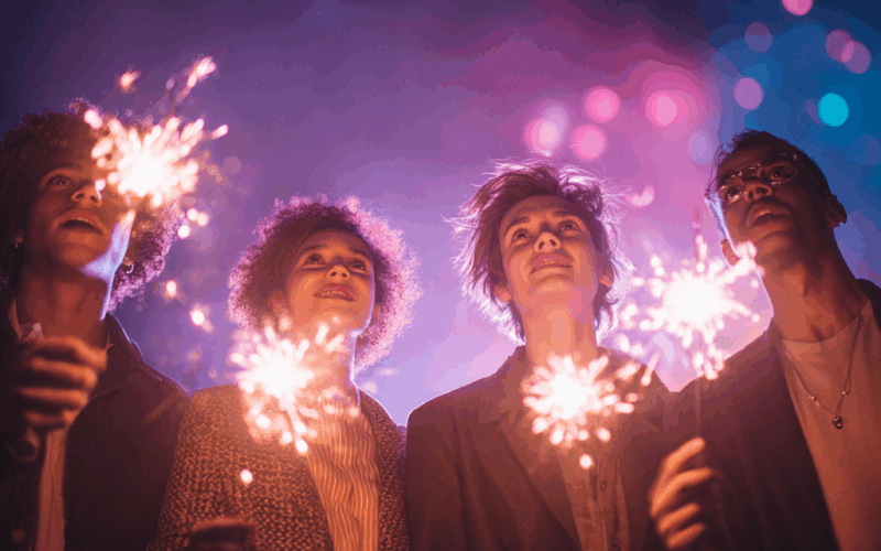 Quattro persone festeggiano di notte con scintille luminose, sfondo di luci colorate.