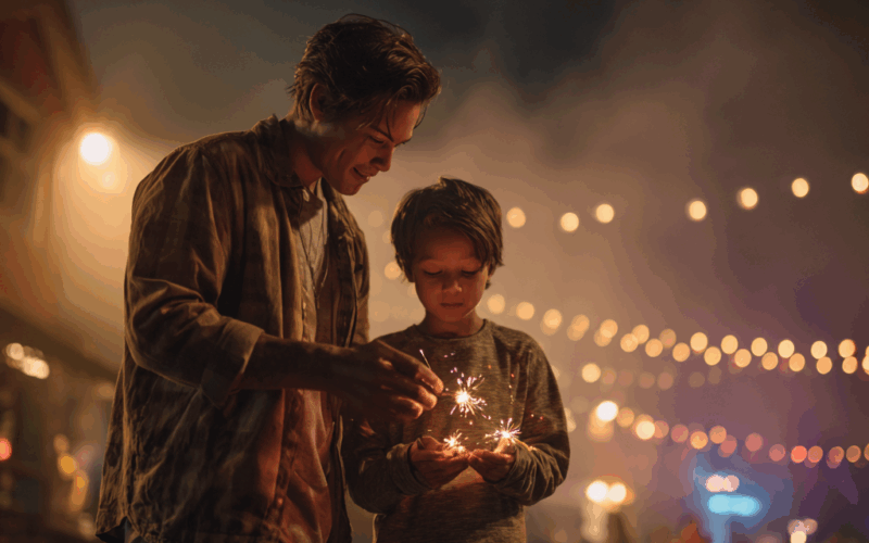 Una persona e un bambino ammirano delle scintille durante una celebrazione notturna con luci festose.
