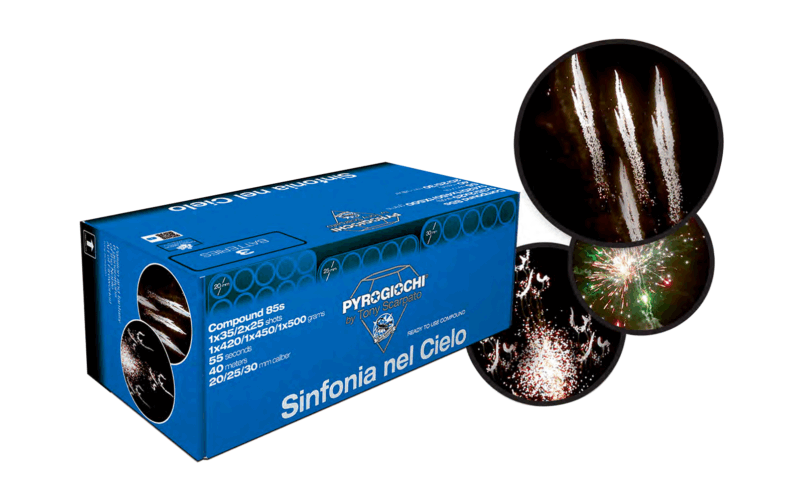 Scatola di fuochi d'artificio Sinfonia nel Cielo con immagini di esplosioni colorate nello sfondo scuro.