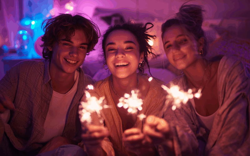 Tre persone sorridenti con scintille in mano in una stanza illuminata da luci colorate.
