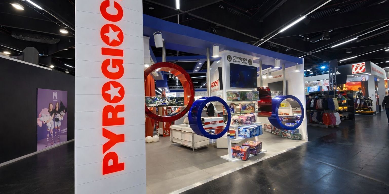 Negozio PyroGiochi in fiera, espositori colorati e giochi in mostra sotto un'illuminazione intensa.