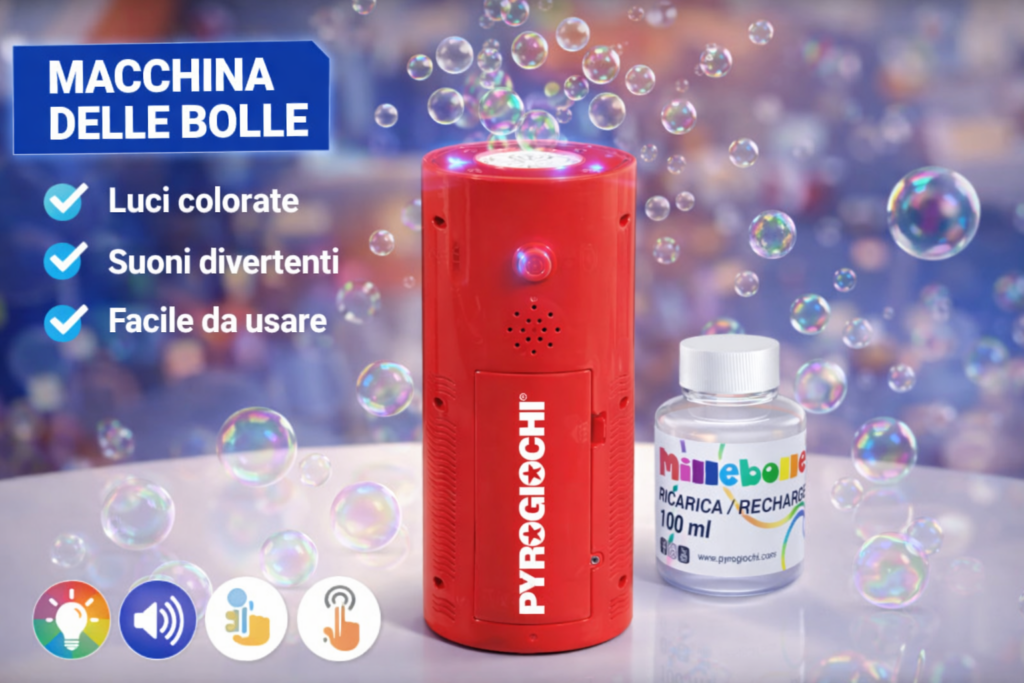 Macchina delle bolle rossa con luci colorate e suoni, affiancata da una ricarica da 100 ml, sfondo di bolle.