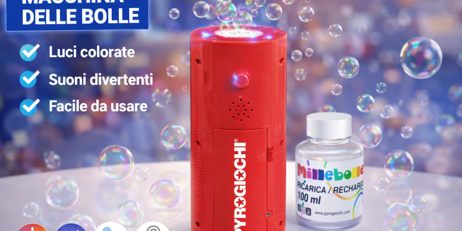 Macchina delle bolle rossa con luci colorate e suoni, affiancata da una ricarica da 100 ml, sfondo di bolle.