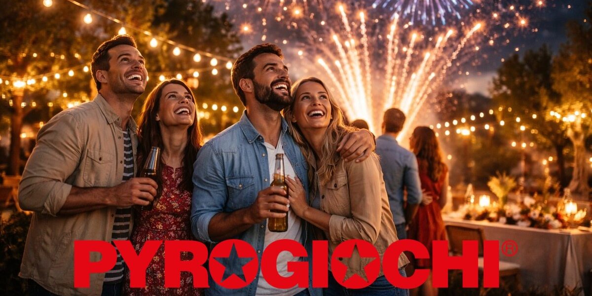 Persone sorridenti che ammirano fuochi d'artificio in una festa all'aperto di sera, con luci decorative.