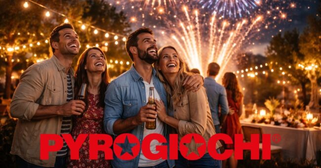 Persone sorridenti che ammirano fuochi d'artificio in una festa all'aperto di sera, con luci decorative.