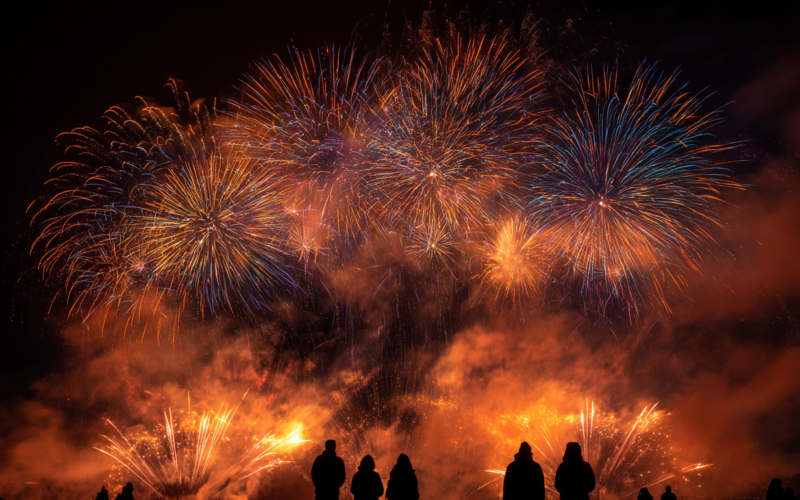 Persone osservano spettacolari fuochi d'artificio colorati nel cielo notturno, creando un'atmosfera festiva.