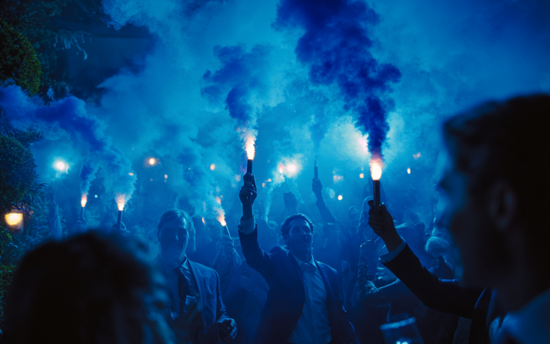 Persone con torce fumogene blu in una festa all'aperto notturna, creando un'atmosfera festiva e vibrante.