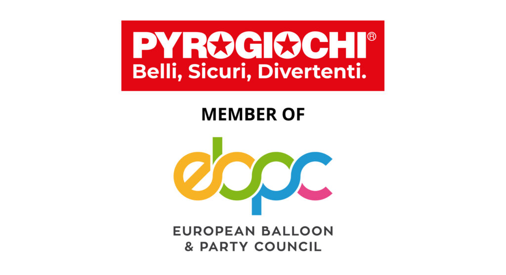 Logo Pyrogiochi, membro del European Balloon & Party Council, con scritta colorata su sfondo bianco.
