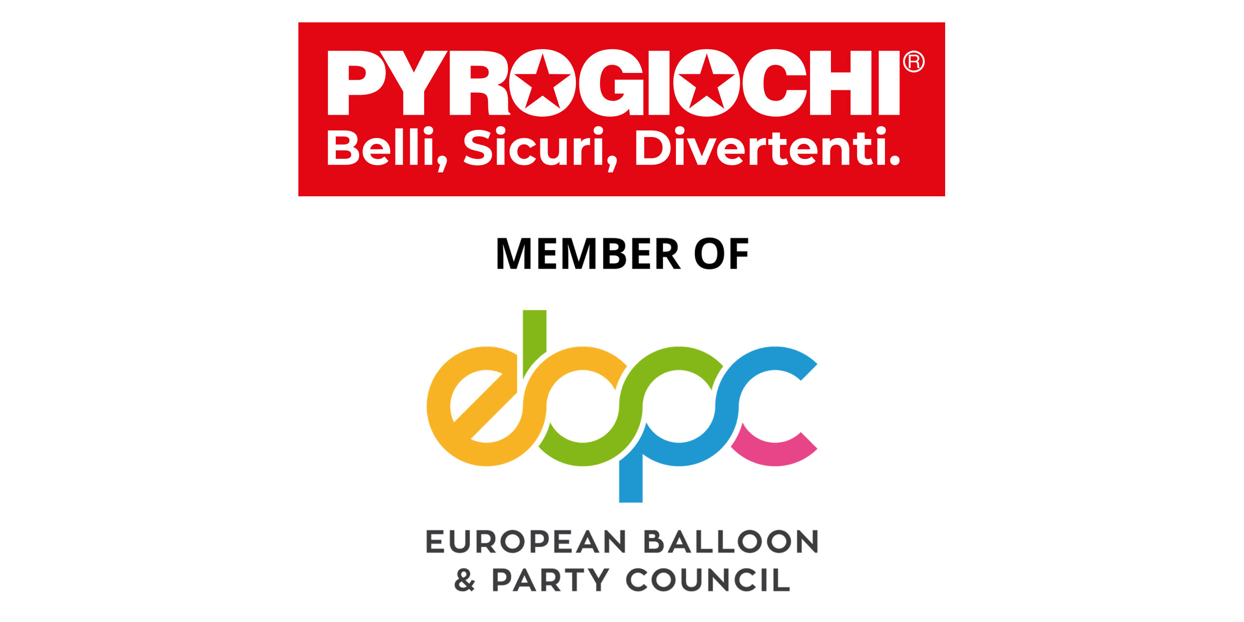 MEMBER-OF-scaled2 Logo Pyrogiochi, membro del European Balloon & Party Council, con scritta colorata su sfondo bianco.