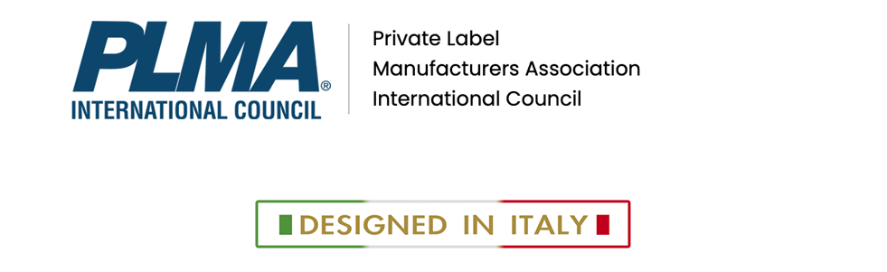Logo PLMA International Council, testo Designed in Italy con bandiera italiana.