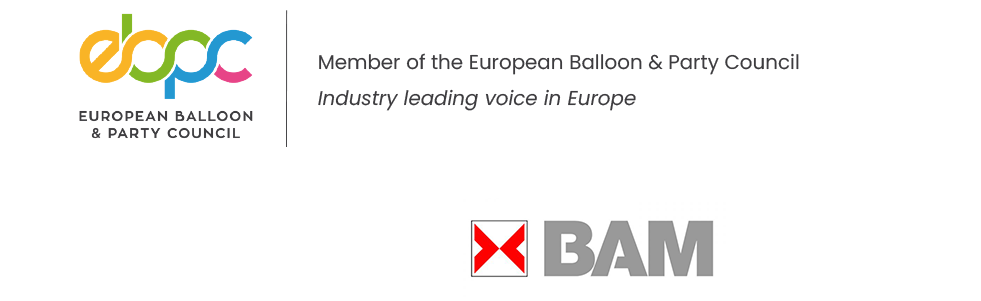 Logo colorato con testo: Member of the European Balloon & Party Council, Industry leading voice in Europe, accanto a logo BAM.