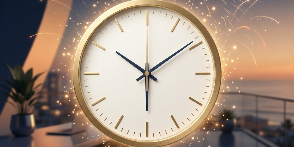 pyrogiochi settimana corta Orologio dorato con lancette nere al tramonto, fuochi d'artificio sullo sfondo e una terrazza moderna.