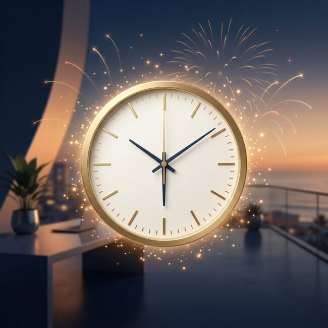 Orologio dorato con lancette nere al tramonto, fuochi d'artificio sullo sfondo e una terrazza moderna.