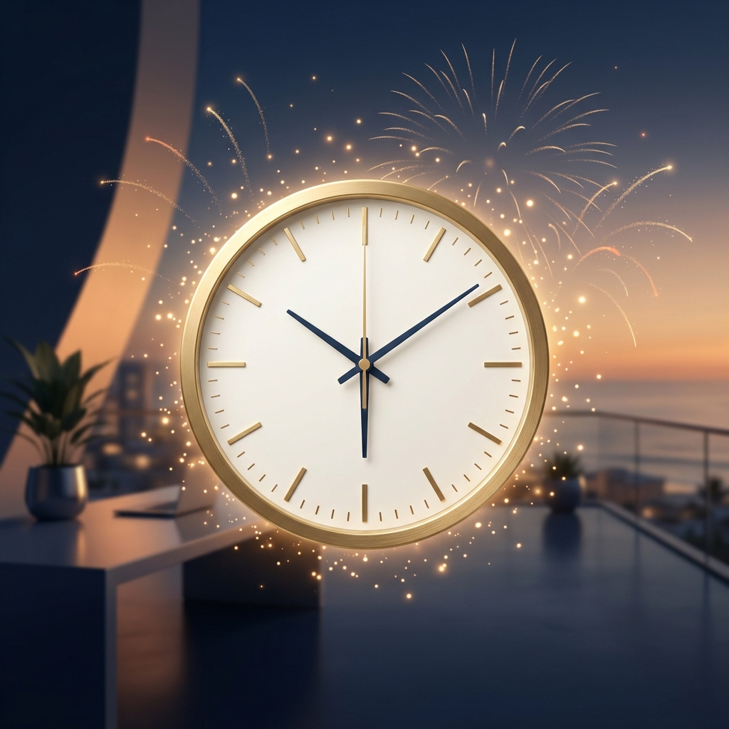Orologio dorato con lancette nere al tramonto, fuochi d'artificio sullo sfondo e una terrazza moderna.