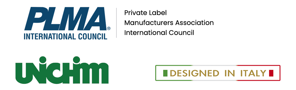 Logo di PLMA International Council, marchio UNICHIM e scritta Designed in Italy con bandiera italiana.