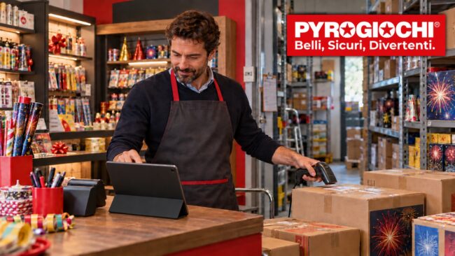 Una persona al lavoro in un negozio di pirotecnica, scannerizza pacchi con giochi pirotecnici sugli scaffali.